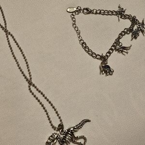 Silver Dinosaur Necklace and Charm Bracelet Set